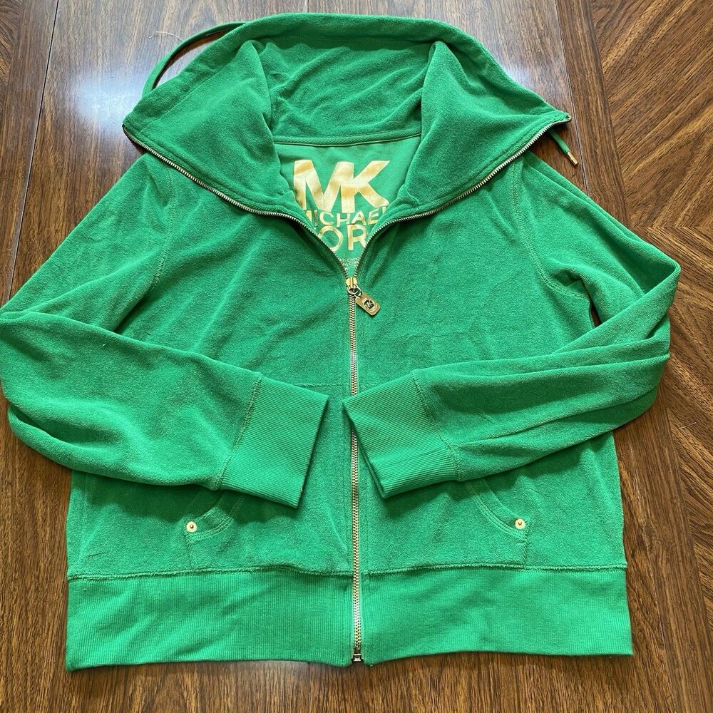Michael Kors Green Velour Wing Collar Zip Front Jacket Sz L